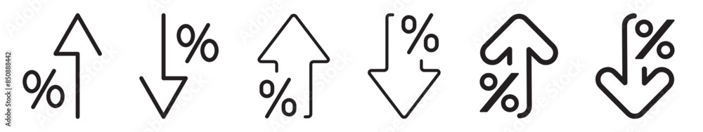 Percent up and down arrow icon set isolated on white background flat vector illustration. Percentage growth and decline icons. Percent arrow up and down flat and line style symbols. Percent up and down arrow icon set isolated on white background flat vector illustration. Percentage growth and decline icons. Percent arrow up and down flat and line style symbols.