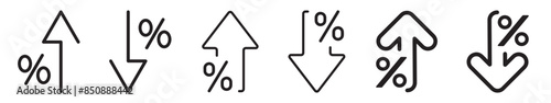 Percent up and down arrow icon set isolated on white background flat vector illustration. Percentage growth and decline icons. Percent arrow up and down flat and line style symbols.