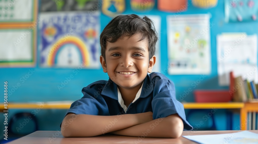 Cheerful South Asian Elementary School Boy Sitting at Desk in Classroom, Educational Environment Cheerful South Asian Elementary School Boy Sitting at Desk in Classroom, Educational Environment