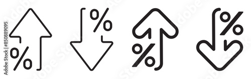 Percent up and down arrow icon set isolated on white background flat vector illustration. Percentage growth and decline icons. Percent arrow up and down flat and line style symbols.
