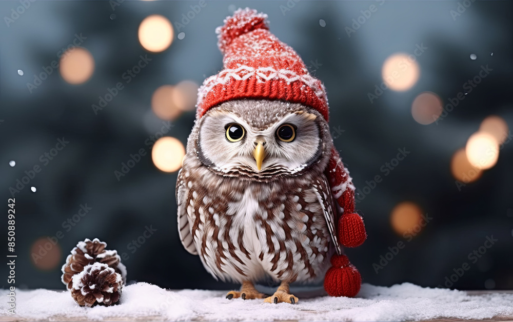 an owl wearing a santa hat and sitting on a snowy covered ground an owl wearing a santa hat and sitting on a snowy covered ground