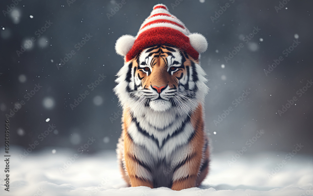 a tiger wearing a red scarf and a red hat a tiger wearing a red scarf and a red hat