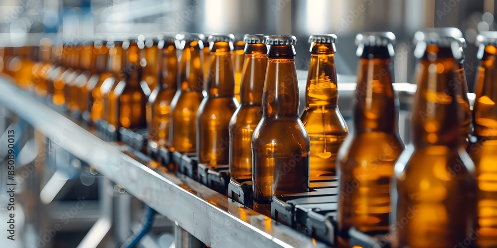 Streamlining the production of dark glass beer bottles on a brewery assembly line. Concept Glass Processing, Brewery Manufacturing, Assembly Line Optimization, Dark Bottle Production Streamlining the production of dark glass beer bottles on a brewery assembly line. Concept Glass Processing, Brewery Manufacturing, Assembly Line Optimization, Dark Bottle Production