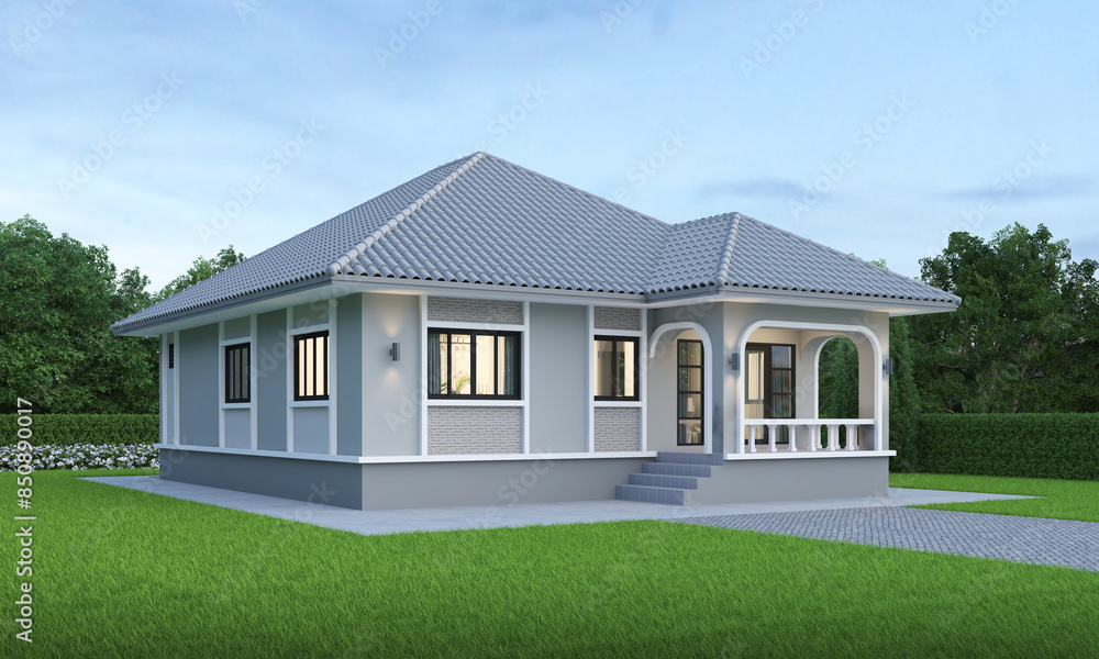 Obraz premium contemporary house exterior day light with lawn grass.3d rendering