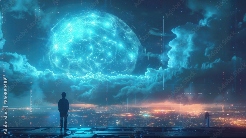 Tech innovators presenting cloud computing solutions in a futuristic business setting Tech innovators presenting cloud computing solutions in a futuristic business setting