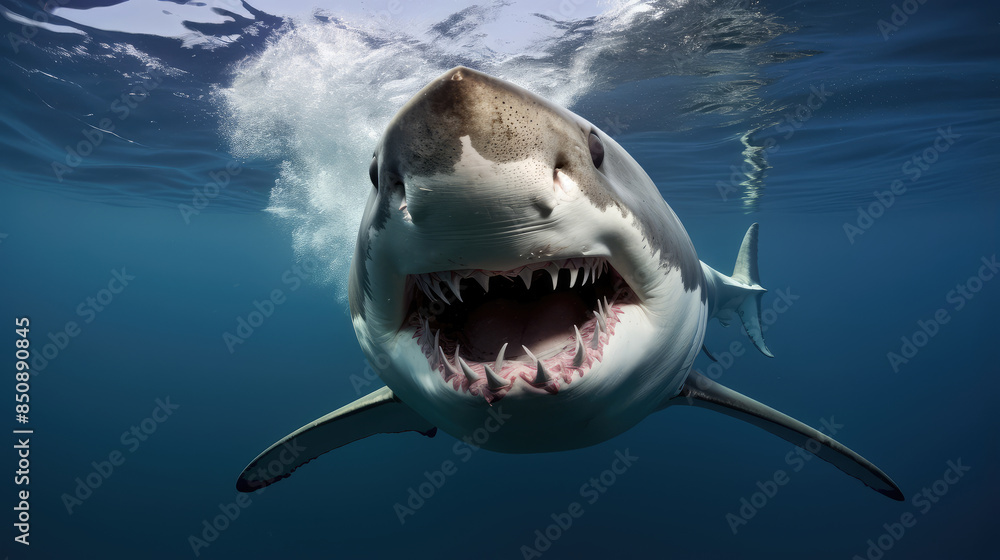 Naklejka premium Majestic Great White Shark in the Deep Blue