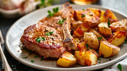 Tasty fried pork loin chops with potatoes plated up