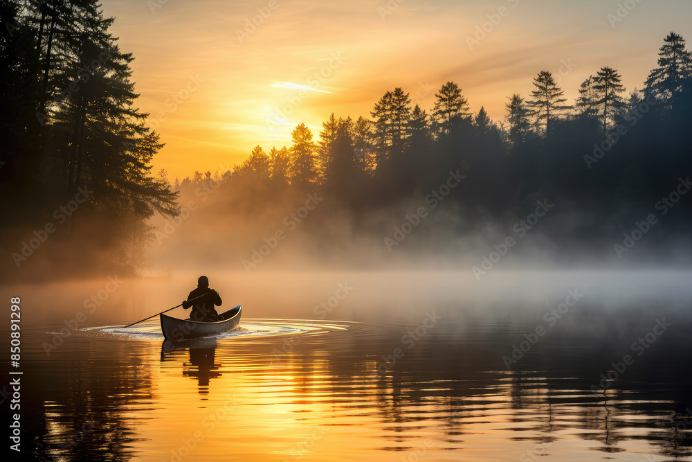 Solitary Canoeist Paddling at Sunrise on Misty Lake Solitary Canoeist Paddling at Sunrise on Misty Lake
