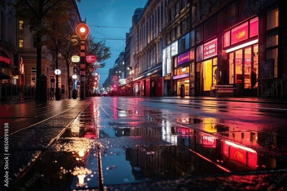 Obraz premium Rainy Evening Reflections on City Street