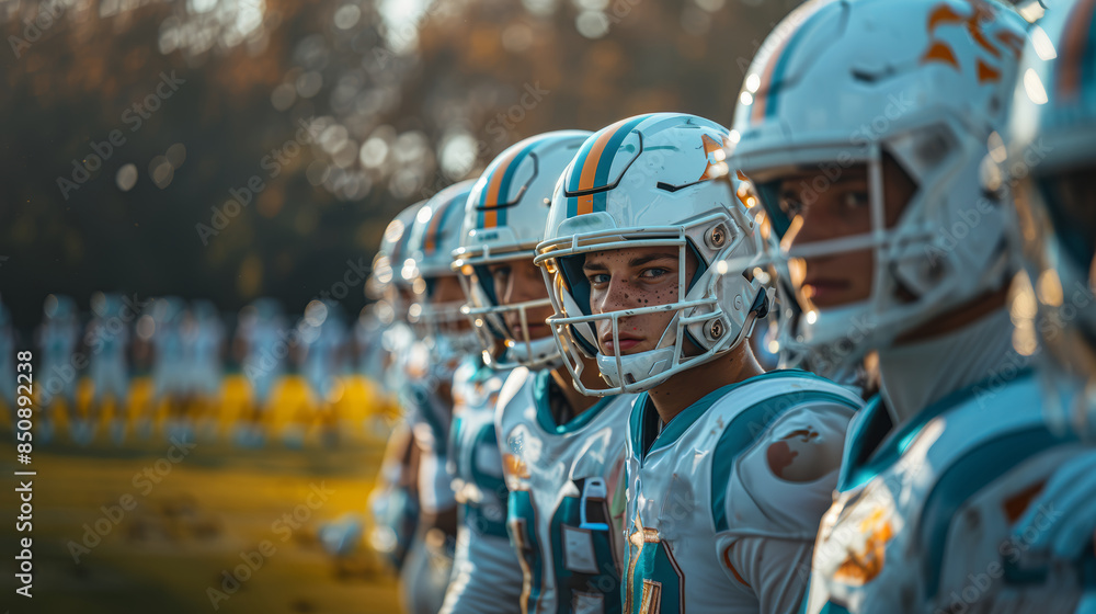 Fototapeta premium American Football Players Standing Together on Field Before Game at Sunset