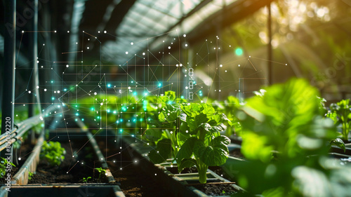 Plant in greenhouse with dot network