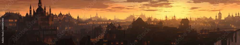 Fototapeta premium Golden Sunset Silhouette Over Historic Cityscape