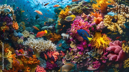 Vibrant and Diverse Underwater Coral Reef Ecosystem Filled with Colorful Marine Life in Pristine Ocean Waters