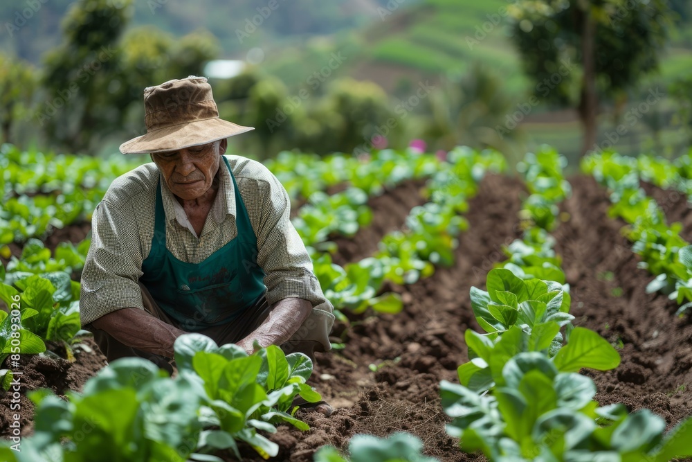 Elderly man in a hat and apron carefully tends to plants in a lush agricultural field