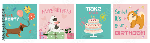 Festive Happy Birthday cards in retro style. Cute cheerful hand-drawn dogs in hats with cake, presents and balloons. Bright vector templates for invitations, greeting cards, posters.