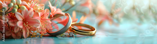 Modern Wedding Rings and Bouquet Icon with Copy Space for Business Newsletters: A Photo Realistic Design Highlighting Wedding Themes and Celebrations Perfect for Corporate Communic photo