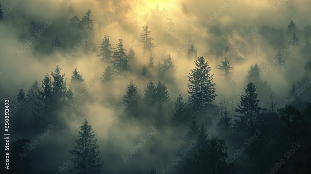 Forest enshrouded in morning mist, ethereal and quiet, inviting contemplative themes Forest enshrouded in morning mist, ethereal and quiet, inviting contemplative themes
