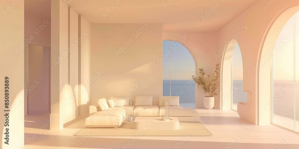 Modern Luxury Seaside Living Room at Sunset Modern Luxury Seaside Living Room at Sunset