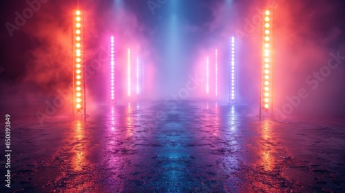 Neon Lights in Stadium Fog Creating Vibrant Atmosphere