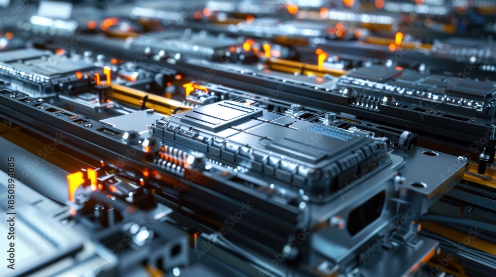 EV Battery Production Factory. Close-up of Lithium-ion High-voltage Battery Components for Electric Vehicle or Hybrid Car. Battery Module for Automotive Industry Production Line. EV Battery Production Factory. Close-up of Lithium-ion High-voltage Battery Components for Electric Vehicle or Hybrid Car. Battery Module for Automotive Industry Production Line.