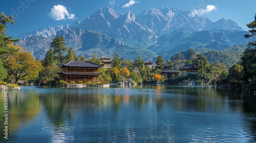 Scenic View of Black Dragon Pool with Lush Hills and Majestic Mountains in Background