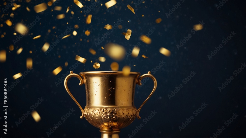 Golden trophy with falling golden confetti, business and competition concept. Golden trophy with falling golden confetti, business and competition concept.
