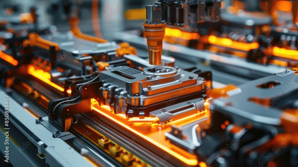 EV Battery Production Factory. Close-up of Lithium-ion High-voltage Battery Components for Electric Vehicle or Hybrid Car. Battery Module for Automotive Industry Production Line. EV Battery Production Factory. Close-up of Lithium-ion High-voltage Battery Components for Electric Vehicle or Hybrid Car. Battery Module for Automotive Industry Production Line.