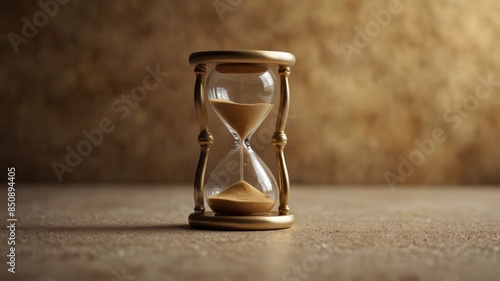 Golden hourglass, time concept, beige background.
