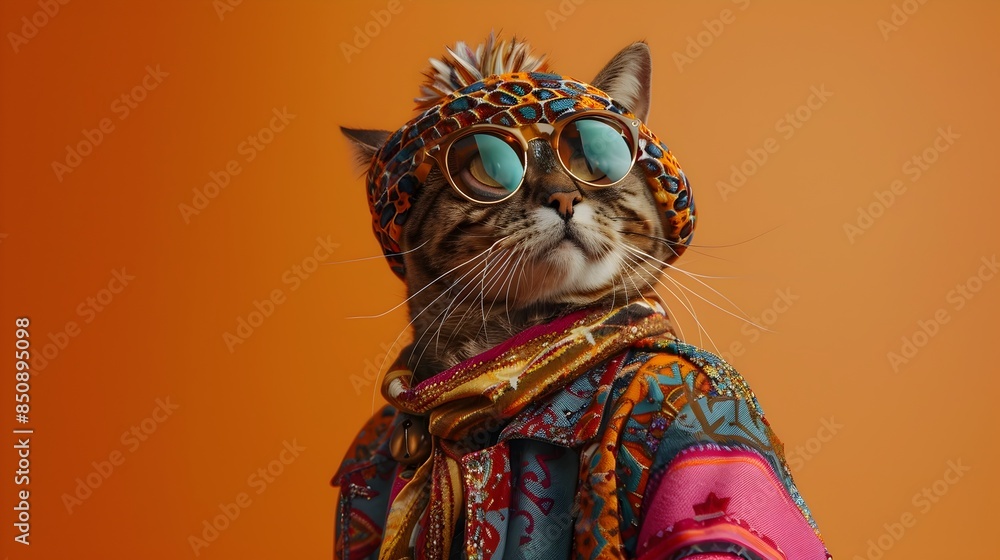 Whimsical Feline in Bohemian Attire with Colorful Studio Lighting Whimsical Feline in Bohemian Attire with Colorful Studio Lighting