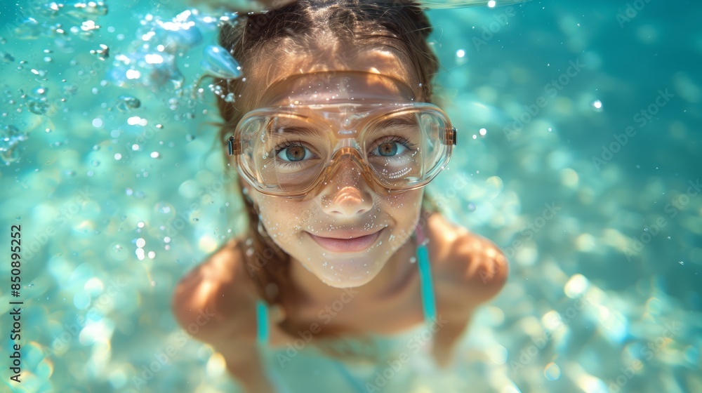 Naklejka premium Close-Up of Cute Little Girl Wearing Snorkel Mask in Clear Blue Water