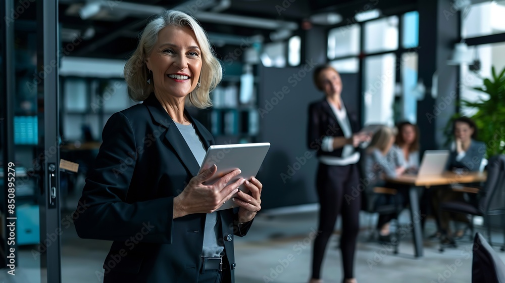 Business woman smiling at the camera while holding a tablet pc Mature business woman standing in an office with her colleagues working in the background : Generative AI Business woman smiling at the camera while holding a tablet pc Mature business woman standing in an office with her colleagues working in the background : Generative AI