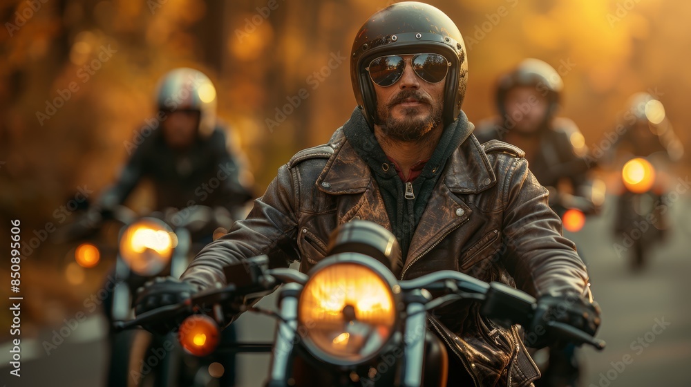 Group of Bikers Riding in Autumn Forest, Wearing Leather Jackets and Helmets Group of Bikers Riding in Autumn Forest, Wearing Leather Jackets and Helmets