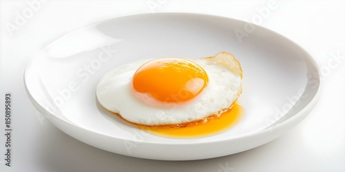 Fried Egg with Runny Yolk on White Plate, Isolated on Background. Concept Food Photography, Breakfast Meal, Culinary Art, White Background, Fresh Ingredients