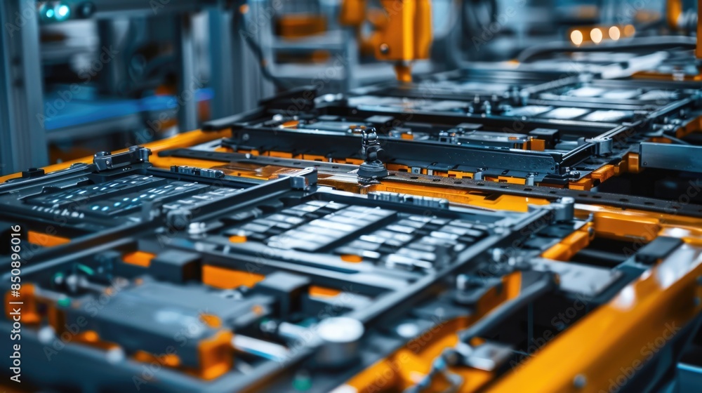 EV Battery Production Factory. Close-up of Lithium-ion High-voltage Battery Components for Electric Vehicle or Hybrid Car. Battery Module for Automotive Industry Production Line. EV Battery Production Factory. Close-up of Lithium-ion High-voltage Battery Components for Electric Vehicle or Hybrid Car. Battery Module for Automotive Industry Production Line.