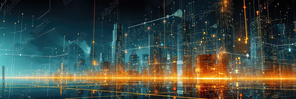 Futuristic Cityscape with Digital Network Connections Futuristic Cityscape with Digital Network Connections