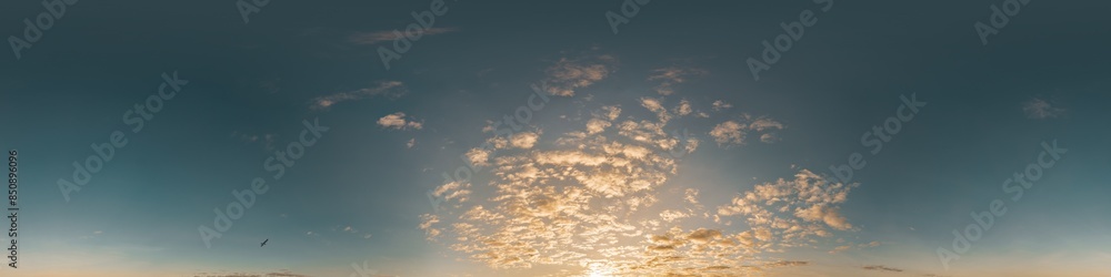 Obraz premium 360 panorama of glowing sunset sky with bright pink Cumulus clouds. HDR 360 seamless spherical panorama. Full zenith or sky dome sky replacement for aerial drone panoramas. Climate and weather change.