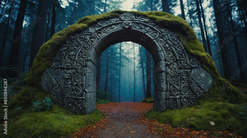 Obraz premium Stone portal in medieval forest, stone portal with nordic patterns, fantasy, fiction concept.