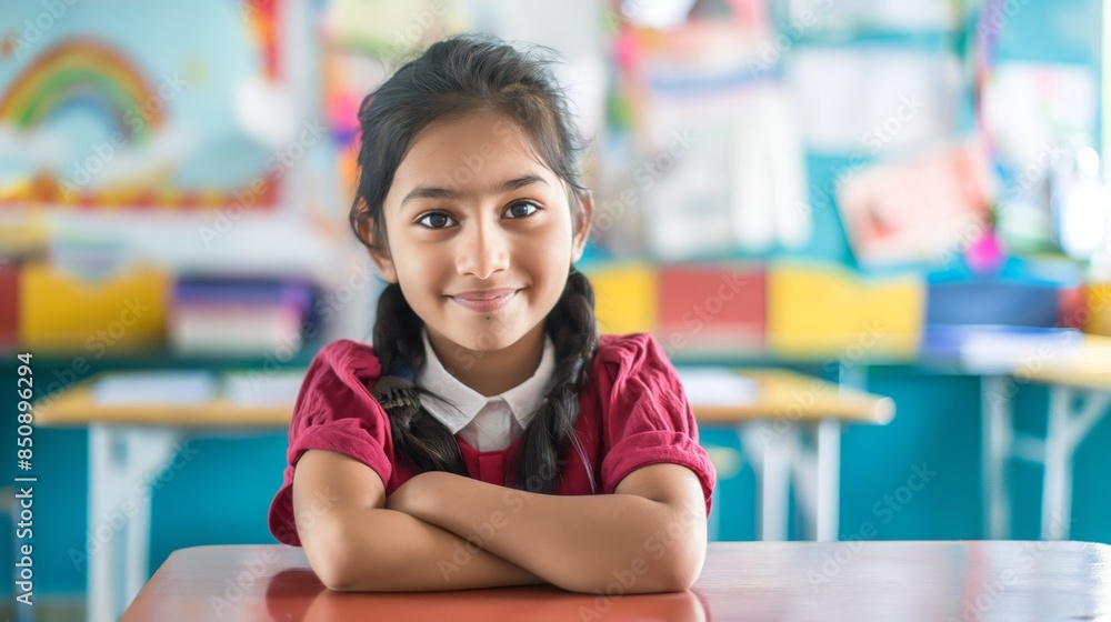 Smiling South Asian Elementary School Girl in Classroom, Ideal for Education and Diversity Themes Smiling South Asian Elementary School Girl in Classroom, Ideal for Education and Diversity Themes