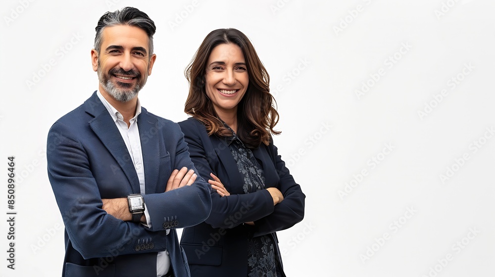 Portrait of two smiling mature Latin business man European business woman standing arms crossed isolated on white background Diverse team confident professional business people Banner : Generative AI Portrait of two smiling mature Latin business man European business woman standing arms crossed isolated on white background Diverse team confident professional business people Banner : Generative AI