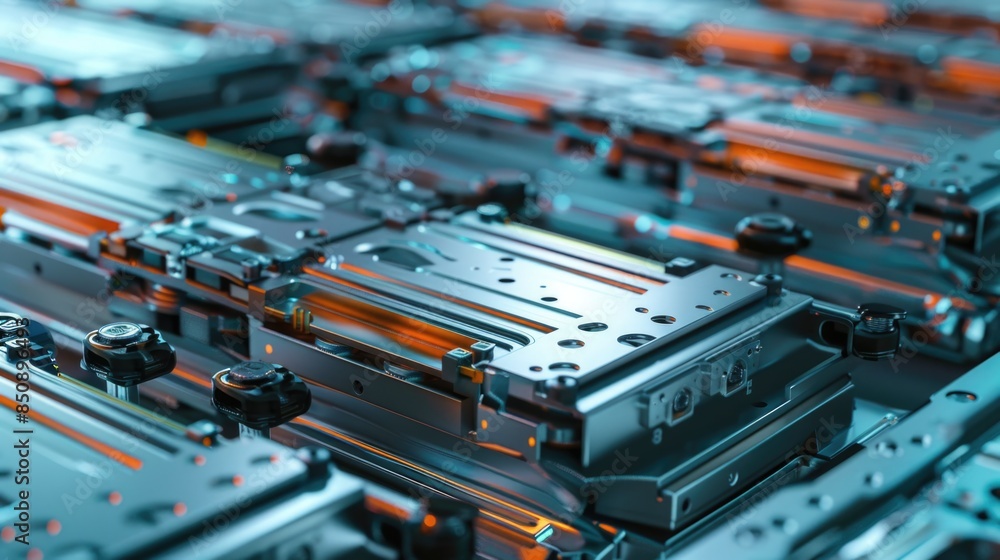 EV Battery Production Factory. Close-up of Lithium-ion High-voltage Battery Components for Electric Vehicle or Hybrid Car. Battery Module for Automotive Industry Production Line. EV Battery Production Factory. Close-up of Lithium-ion High-voltage Battery Components for Electric Vehicle or Hybrid Car. Battery Module for Automotive Industry Production Line.