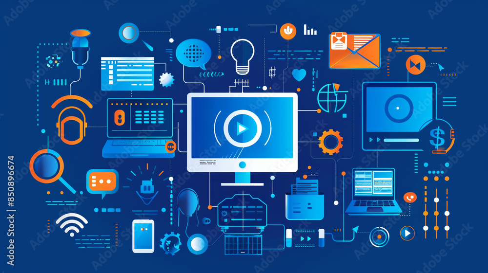 Computer screen, blue background, surrounded by icons Computer screen, blue background, surrounded by icons