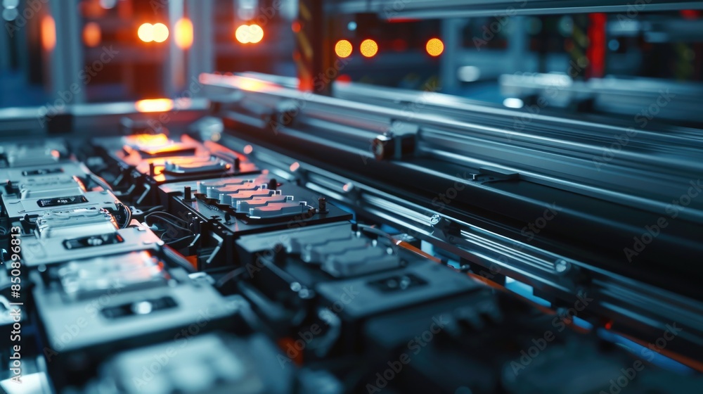 EV Battery Production Factory. Close-up of Lithium-ion High-voltage Battery Components for Electric Vehicle or Hybrid Car. Battery Module for Automotive Industry Production Line. EV Battery Production Factory. Close-up of Lithium-ion High-voltage Battery Components for Electric Vehicle or Hybrid Car. Battery Module for Automotive Industry Production Line.