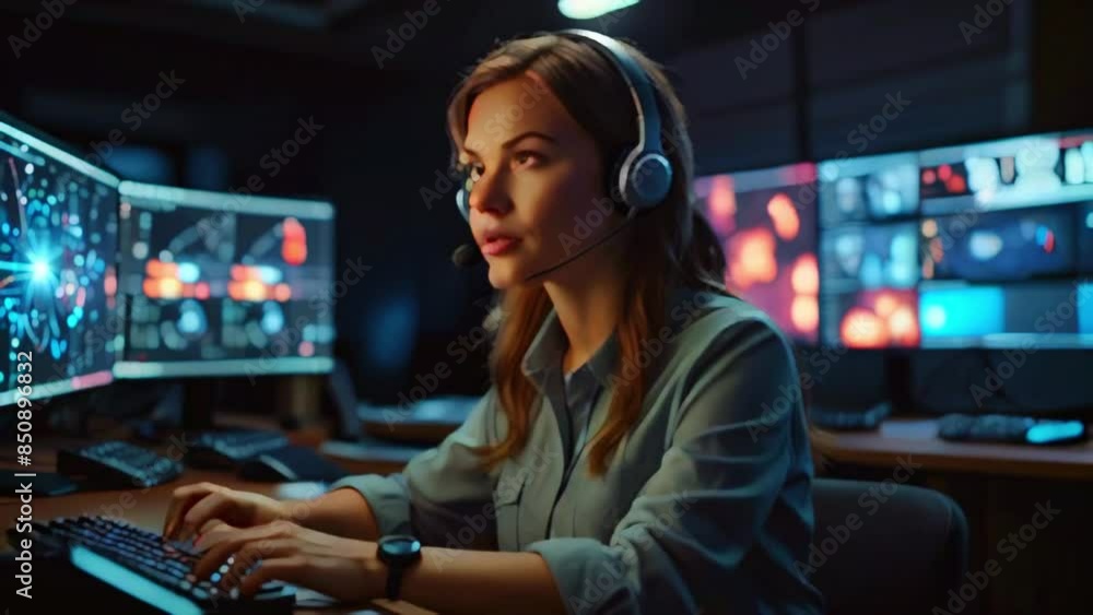 A woman wearing headphones is sitting at a desk typing on a keyboard while looking at multiple computer screens. A woman wearing headphones is sitting at a desk typing on a keyboard while looking at multiple computer screens.