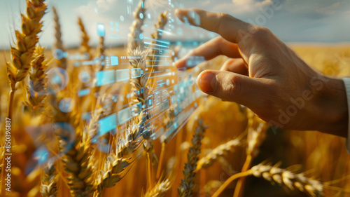 Hand on glass screen in wheat field