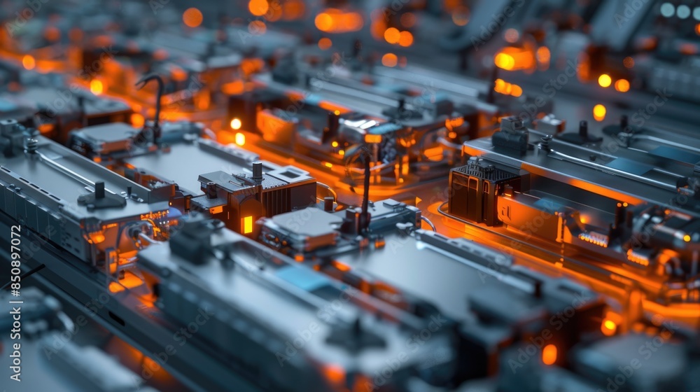 EV Battery Production Factory. Close-up of Lithium-ion High-voltage Battery Components for Electric Vehicle or Hybrid Car. Battery Module for Automotive Industry Production Line. EV Battery Production Factory. Close-up of Lithium-ion High-voltage Battery Components for Electric Vehicle or Hybrid Car. Battery Module for Automotive Industry Production Line.