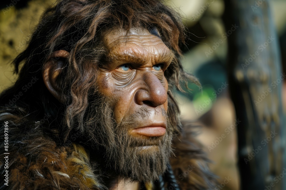 Detailed costume of a neanderthal man with a contemplative expression, outdoors Detailed costume of a neanderthal man with a contemplative expression, outdoors