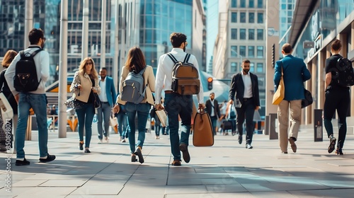 Business people group and conversation in city on walk for commute to workplace with questions by buildings Men woman and employees with bag outdoor and discussion for travel on metro  : Generative AI
