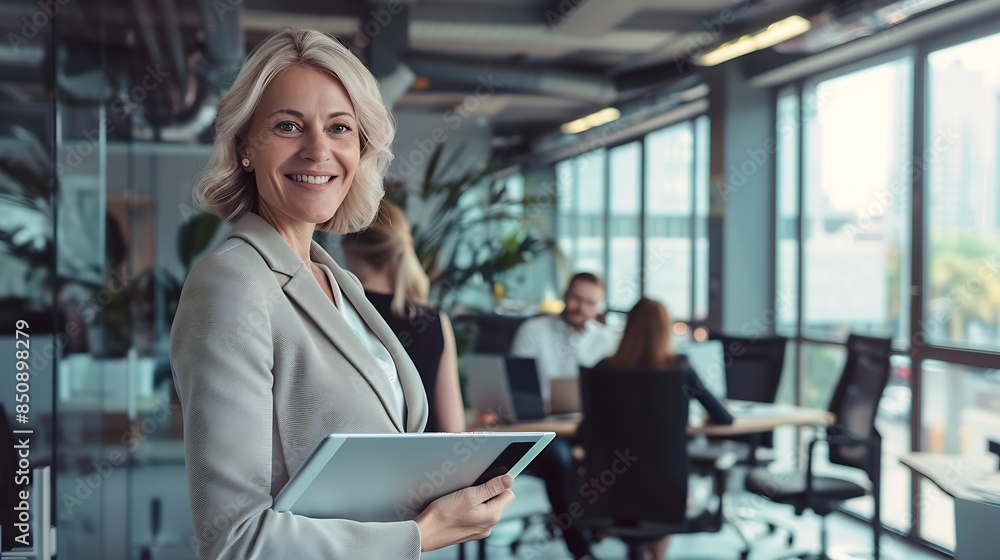 Business woman smiling at the camera while holding a tablet pc Mature business woman standing in an office with her colleagues working in the background : Generative AI Business woman smiling at the camera while holding a tablet pc Mature business woman standing in an office with her colleagues working in the background : Generative AI