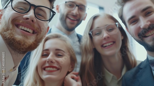 Portrait of a group of joyful happy business people men and women having fun and looking cheerful at camera standing in office Company employees team or a group of staff happy to make : Generative AI