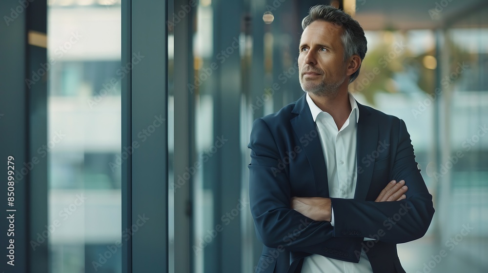 Happy confident mature 45 years old business man investor standing in office looking away Middle aged rich business owner male ceo executive leader wearing suit at work thinking on fut : Generative AI Happy confident mature 45 years old business man investor standing in office looking away Middle aged rich business owner male ceo executive leader wearing suit at work thinking on fut : Generative AI